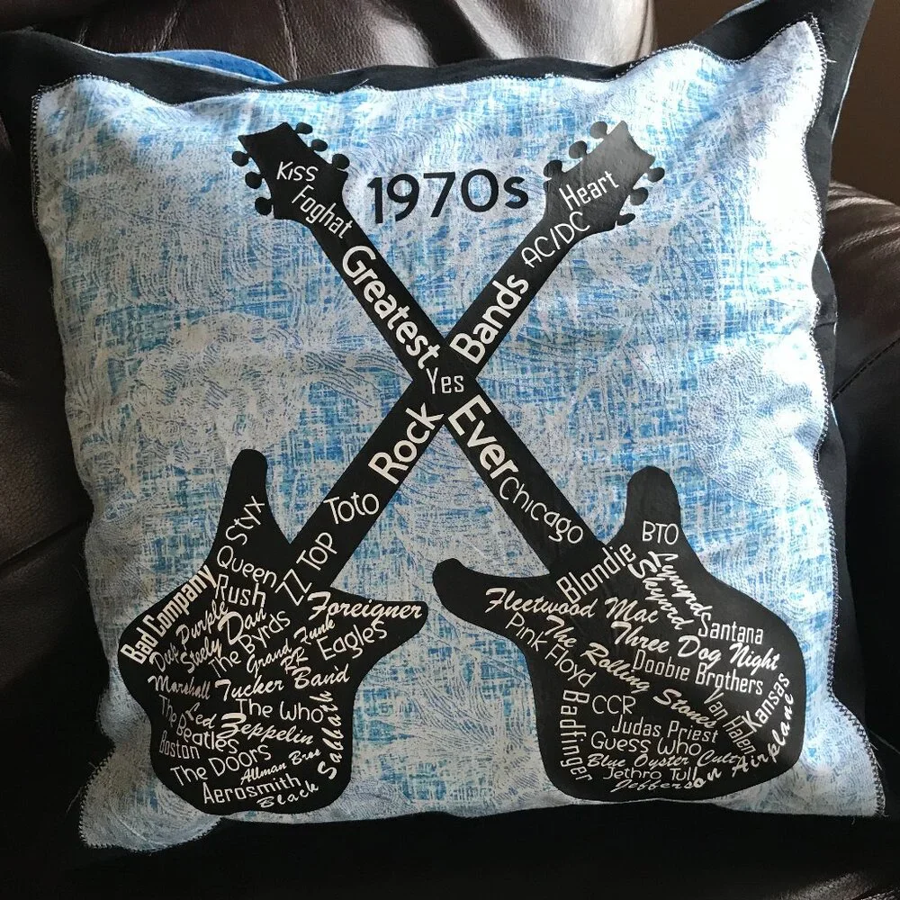 Handmade Pillow Cover, 1970s Rock Bands Guitars Music Room Decor 18 x 18 inches